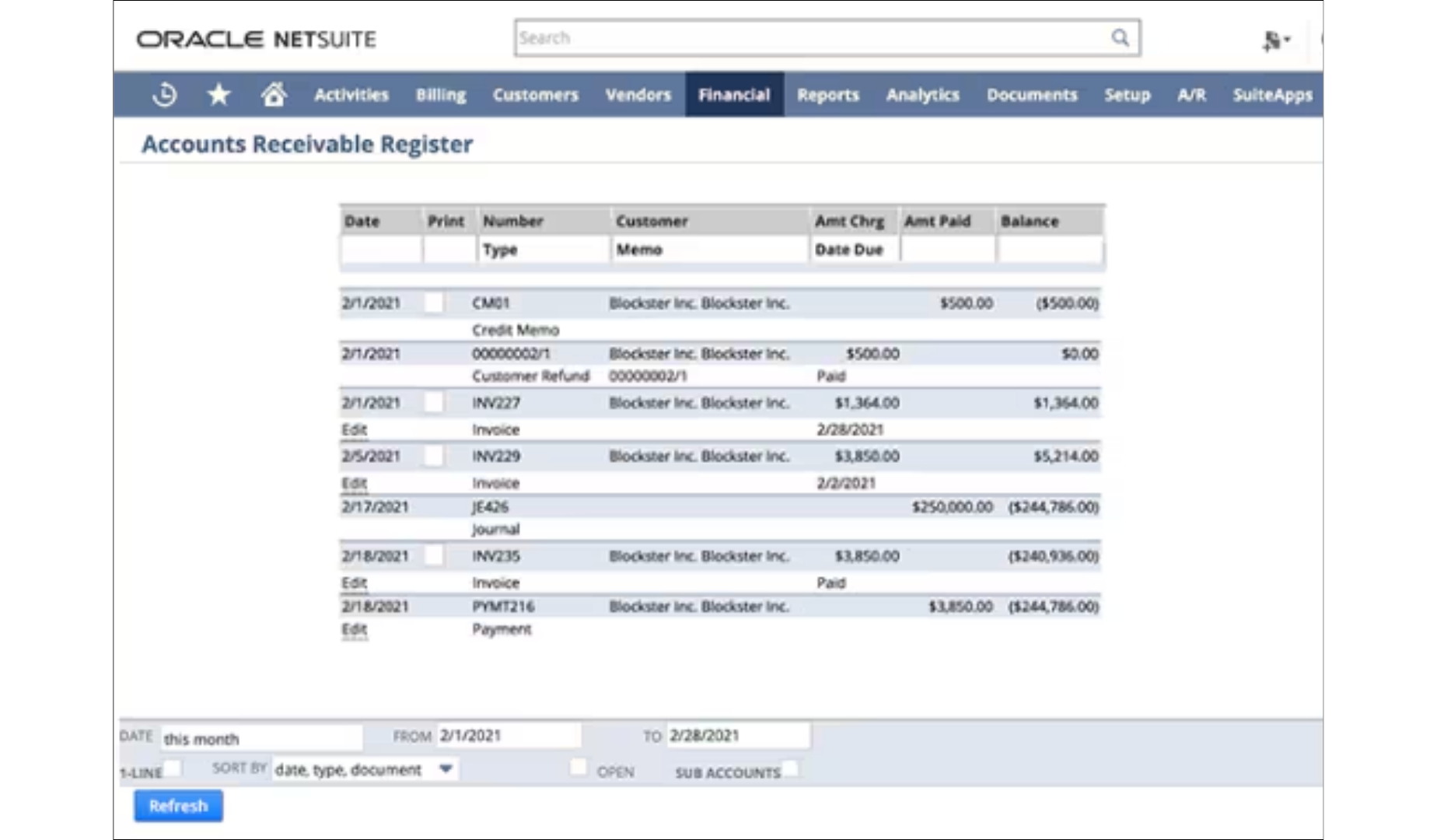 Accounts Receivable Register in NetSuite