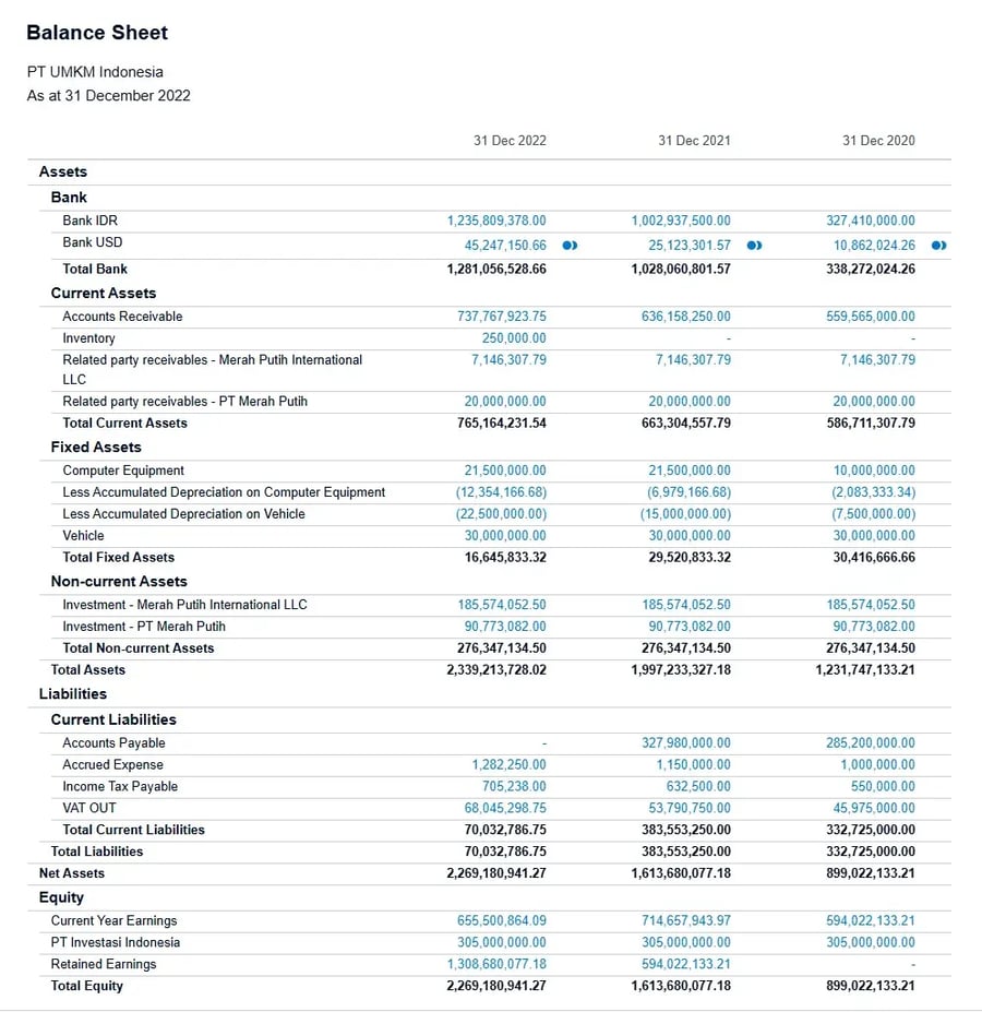 Tampilan Balance Sheet di Xero