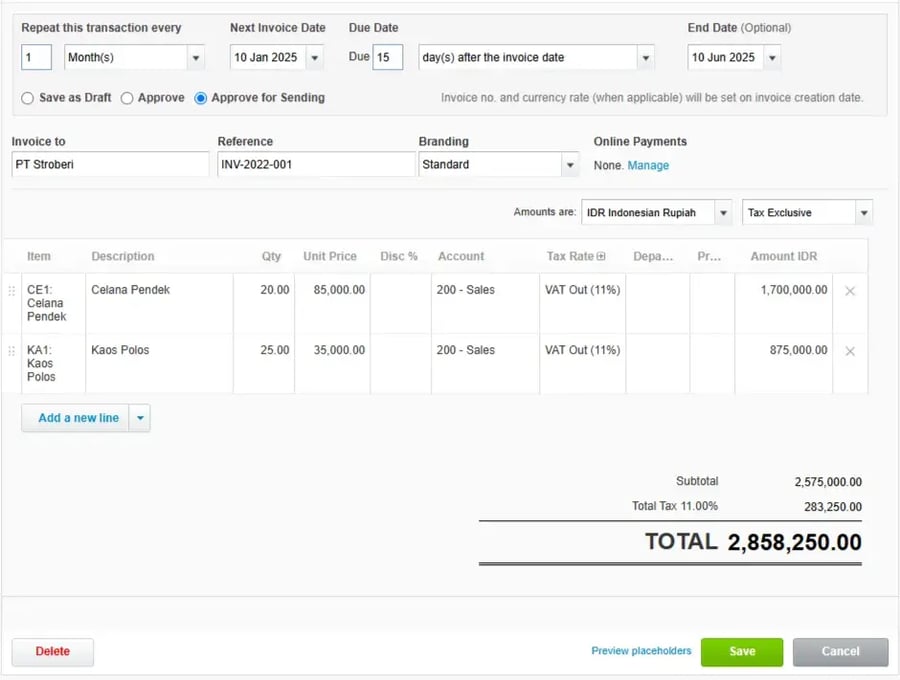 Tampilan Edit New Repeating Invoice di Xero