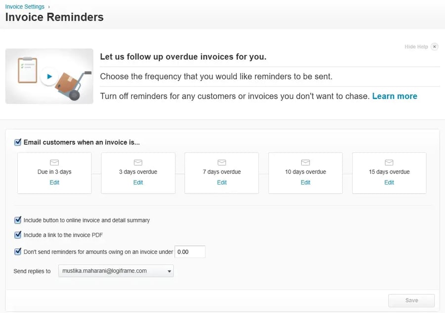 Tampilan Fitur Invoice Reminders di Xero