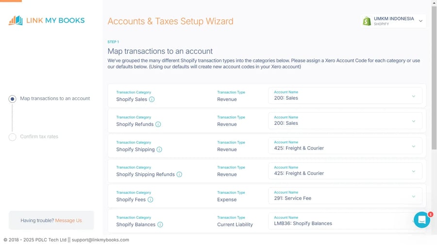 Tampilan Halaman Pengaturan Kategori Akun antara Shopify dengan Xero