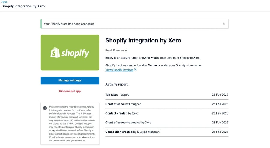 Tampilan Integrasi Shopify dengan Xero