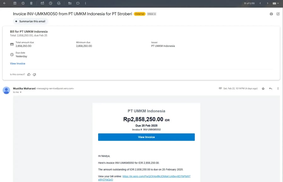 Tampilan Invoice yang Sudah Dikirim ke Email Pelanggan oleh Xero