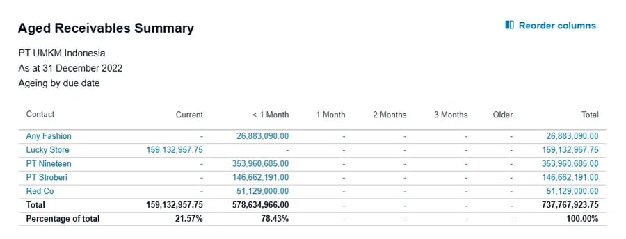 Tampilan Laporan Aged Receivables Summary di Xero