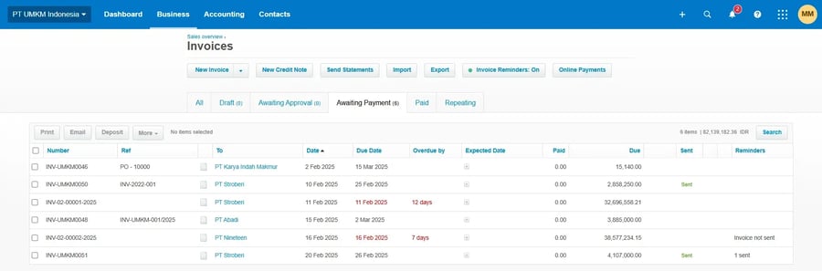 Tampilan Menu Awaiting Payment Invoices di Xero