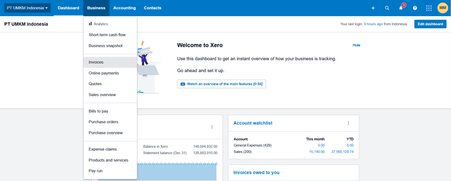 Tampilan Menu Invoices di Xero