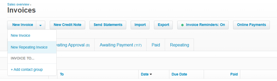 Tampilan Menu New Repeating Invoice di Xero