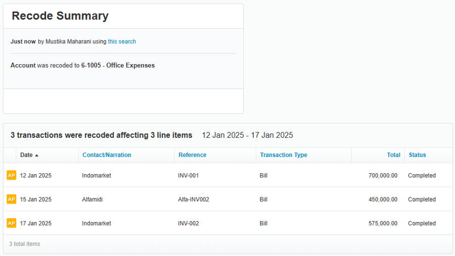 Tampilan Menu Recode Summary di Xero