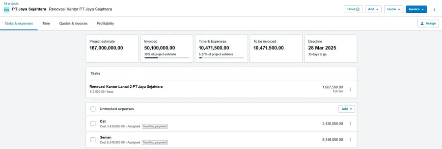 Tampilan Menu Task &amp; Expenses di Xero Projects