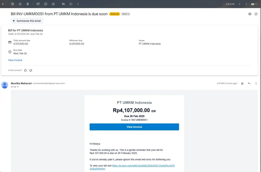 Tampilan Pengingat Tagihan yang Akan Jatuh Tempo oleh Xero