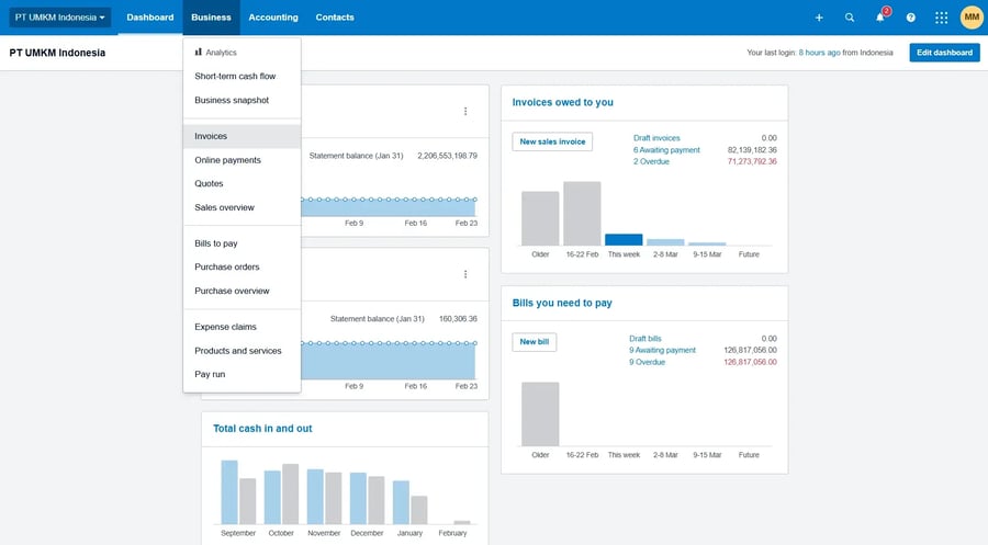 Tampilan Pilihan Menu Invoices di Xero