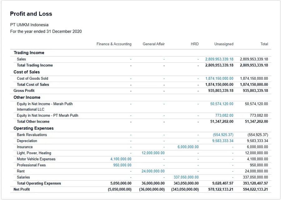 Tampilan Profit and Loss Statement di Xero