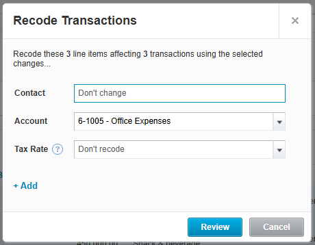 Tampilan Recode Transactions di Xero