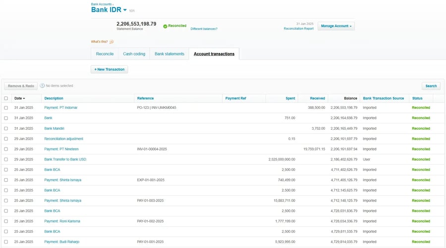 Tampilan Rekonsiliasi Bank di Xero