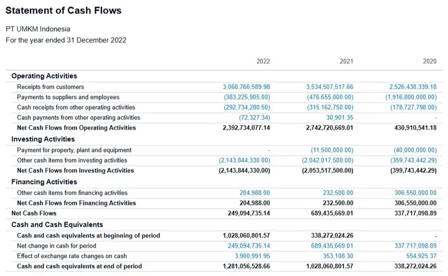 Tampilan Statement of Cash Flows di Xero