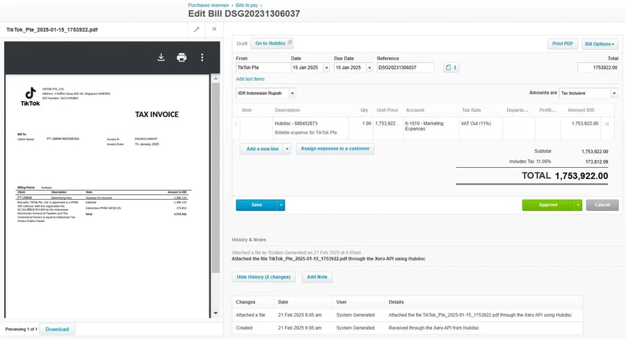 Tampilan Xero yang Sudah Terintegrasi dengan Hubdoc