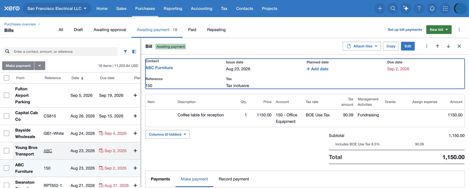 Xero's bills queue with tabs for all, draft, awaiting approval, awaiting payment and paid. An approved but unpaid bill is open, showing the coded line item, tax and total, with payment offered as a separate action.