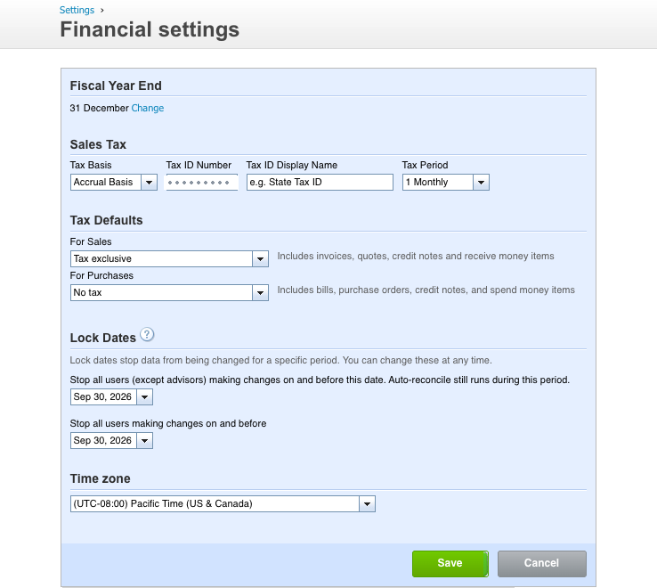 Xero financial settings showing tax basis set to accrual and two lock date fields: one stopping all users except advisors making changes on or before the date, and one stopping all users including advisors.