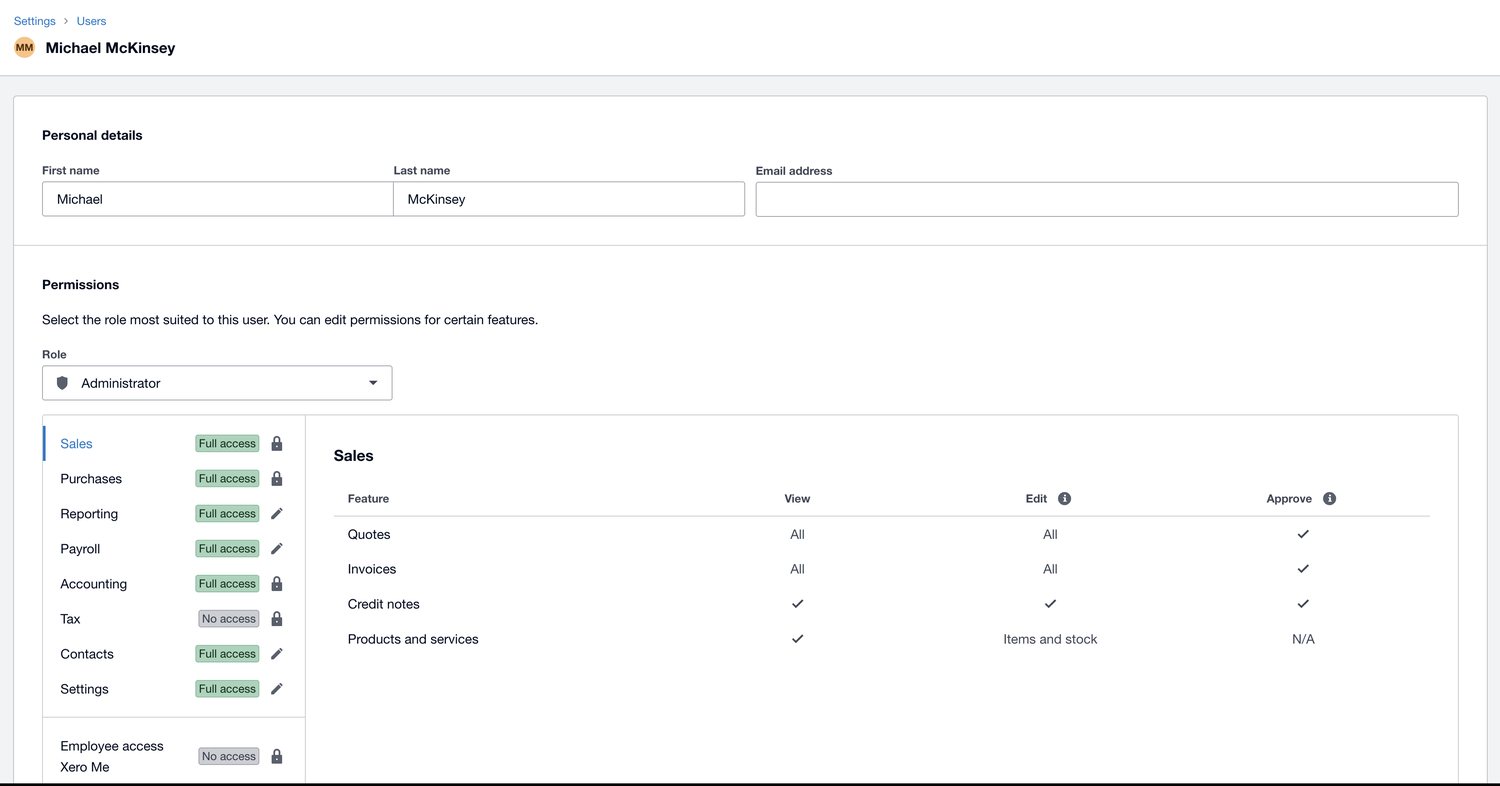 A single user's permissions in Xero, set to the Administrator role, with full access listed against sales, purchases, reporting, payroll, accounting, contacts and settings.