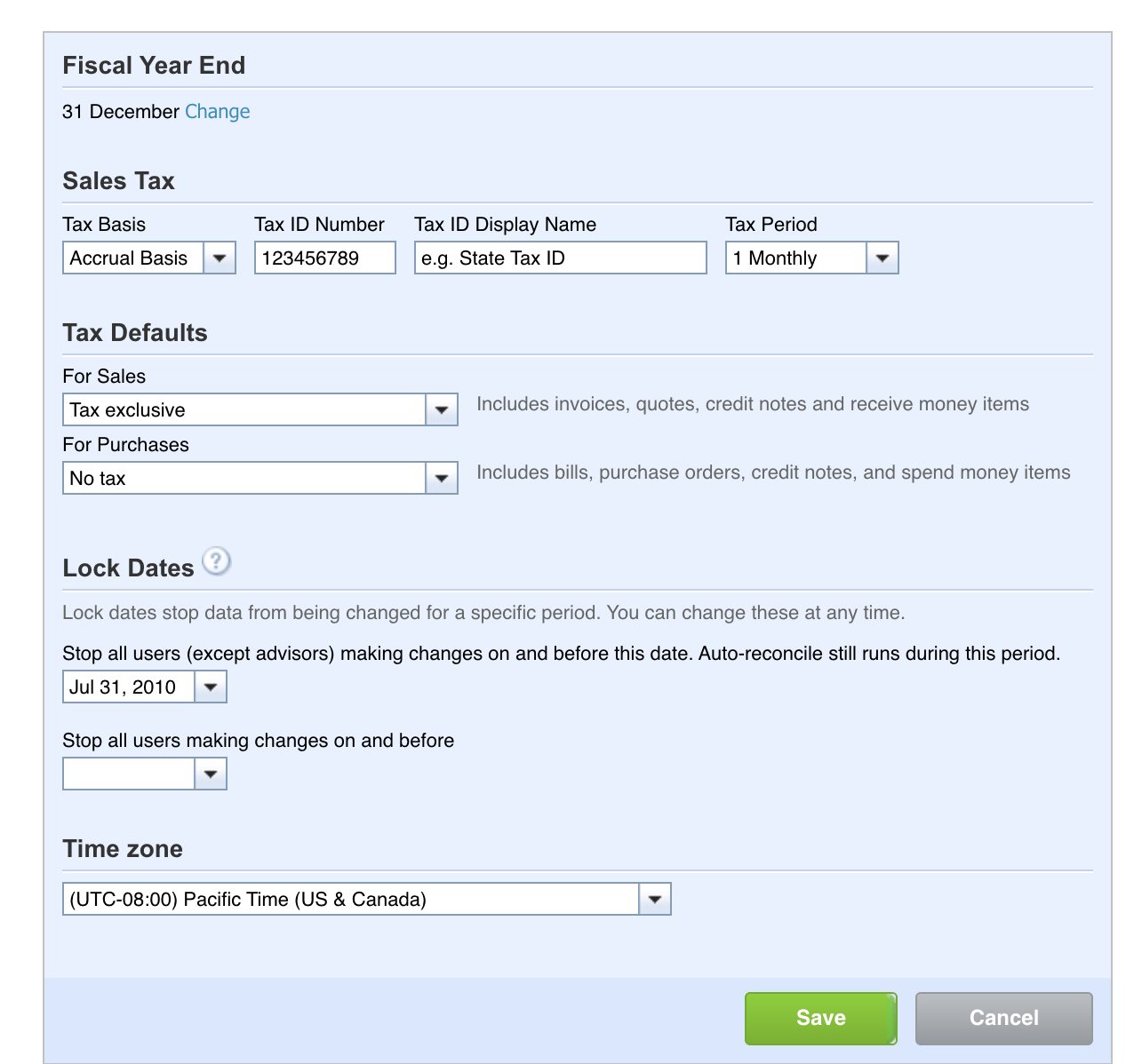 Xero financial settings, showing two lock date fields: one stopping all users except advisors, set to a date several years in the past, and one stopping all users, left empty.