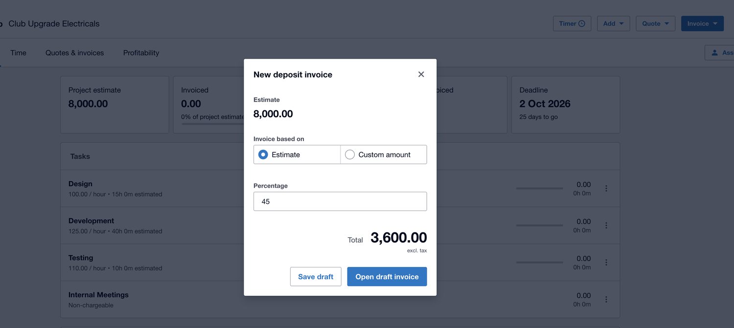 A new deposit invoice dialog in Xero, taking 45 percent of an 8,000 project estimate to give a deposit total of 3,600.