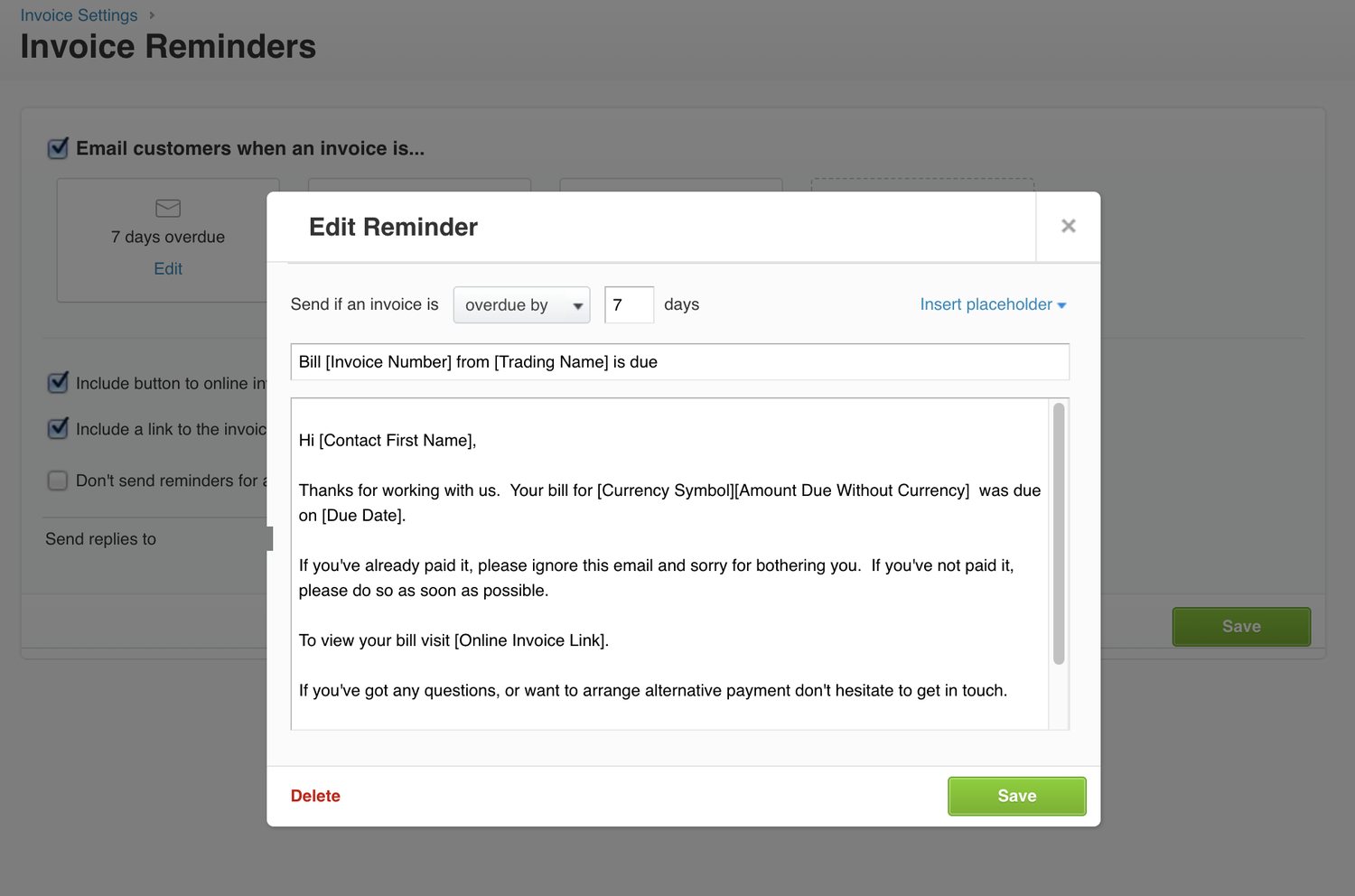 Invoice reminder setup in Xero, with a reminder scheduled for seven days overdue and an editable message template using placeholders for the contact name, invoice number and trading name.