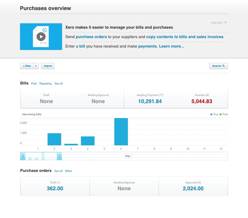Xero's Purchases overview: bills grouped into draft, awaiting approval, awaiting payment and overdue, with an upcoming bills chart and purchase order totals.