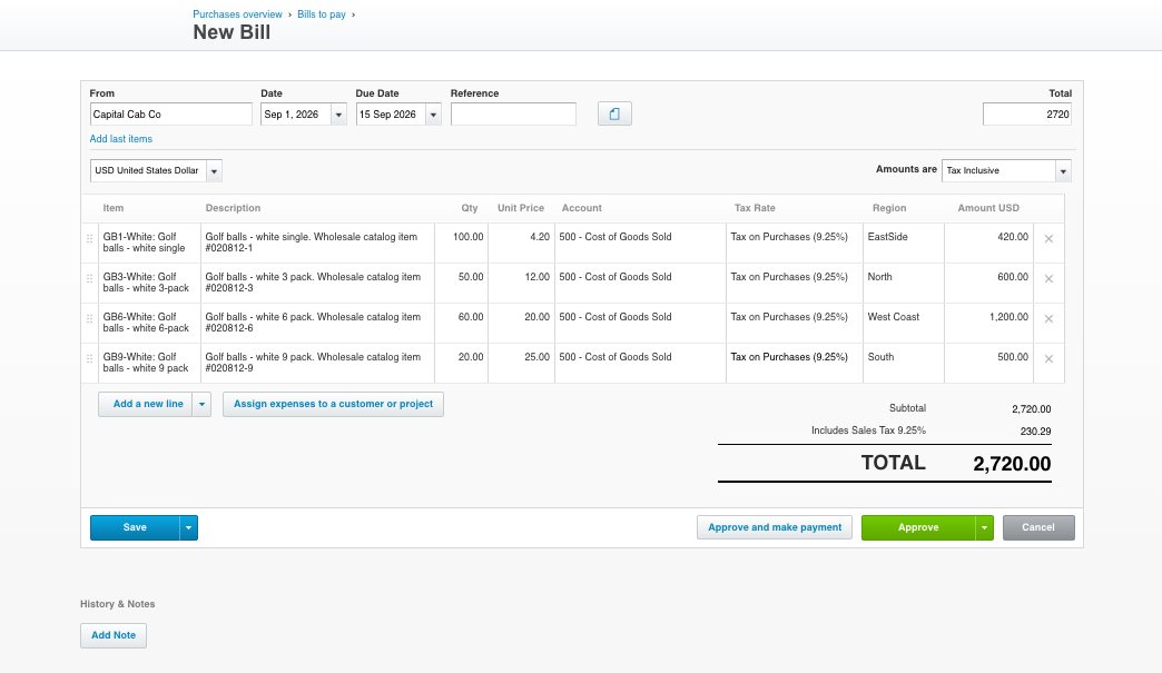 A bill being entered in Xero, with line items coded to accounts, tax rates and regions, and Save, Approve and Approve and make payment as separate actions.