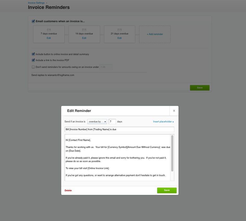 Xero's Invoice Reminders settings: reminders configured at 7, 14 and 21 days overdue, with the edit dialog showing the message template and placeholders.