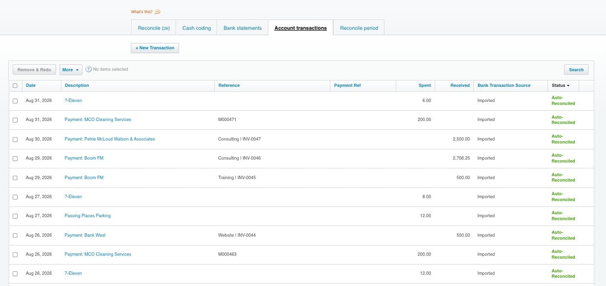 Xero's Account transactions tab