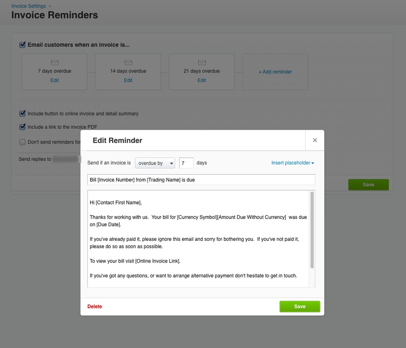 Xero's invoice reminder settings: a ladder of three reminders at seven, fourteen and twenty-one days overdue, with an editor open showing the trigger set to seven days and a message template built from merge fields for contact name, invoice number and amount due.