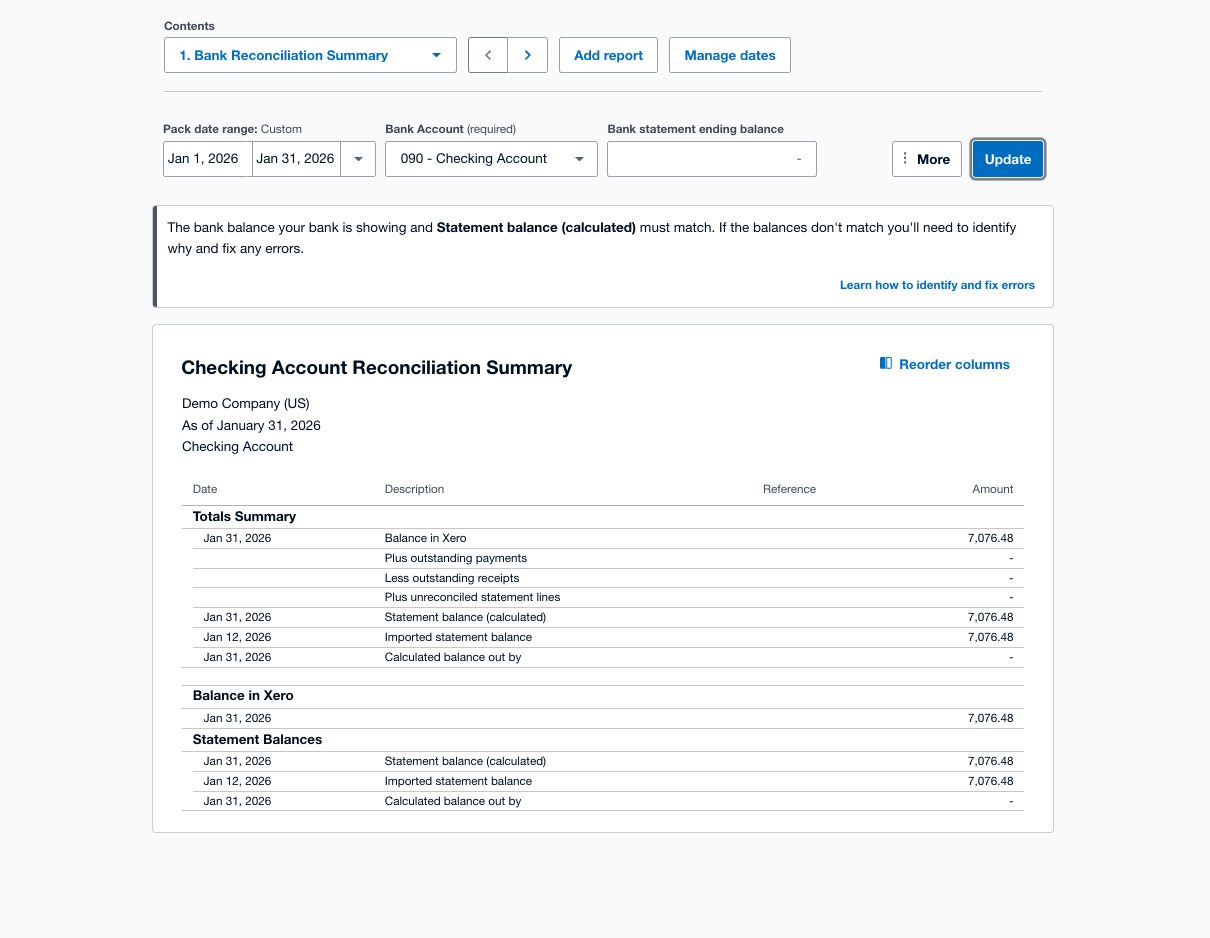 Xero's Bank Reconciliation Summary after a cleanup: statement balance calculated and imported statement balance both agree, and the calculated balance out by line is empty.