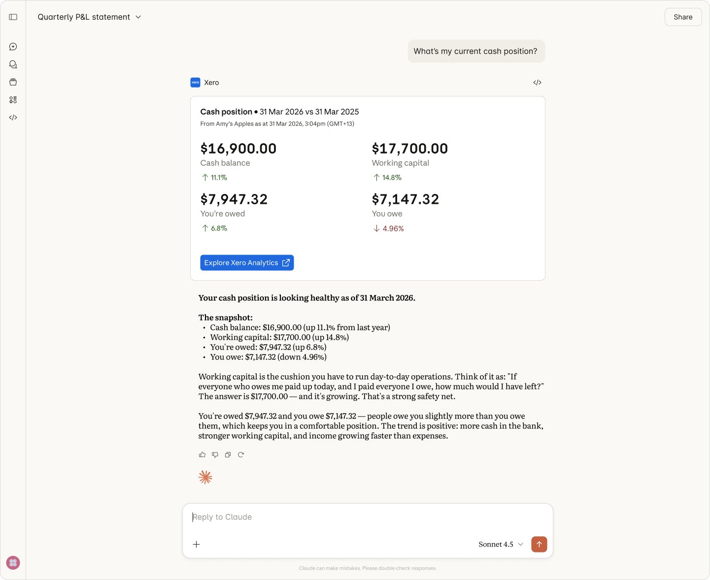 Claude answering a cash position question using live Xero data, showing cash balance, working capital, what you are owed and what you owe.