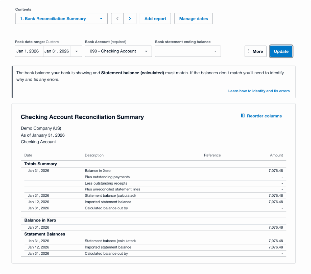 Xero's Bank Reconciliation Summary report, showing balance in Xero, statement balance calculated, imported statement balance and the calculated balance out by line.