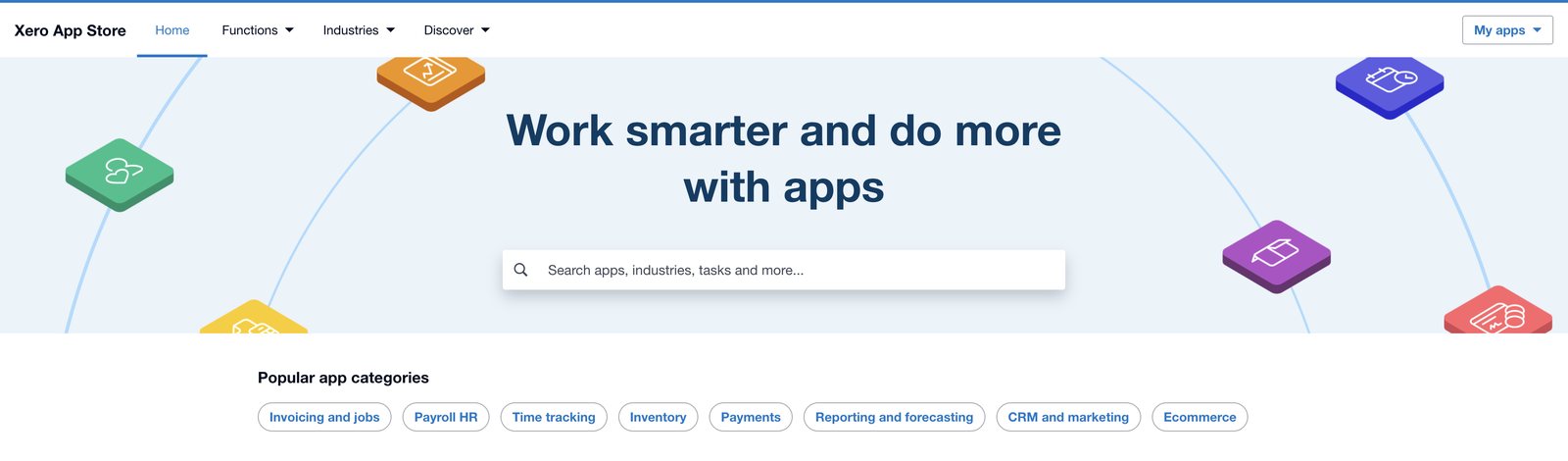 The Xero App Store home page, showing a search field and popular app categories including invoicing, payroll, time tracking, inventory, payments, reporting, CRM and ecommerce.