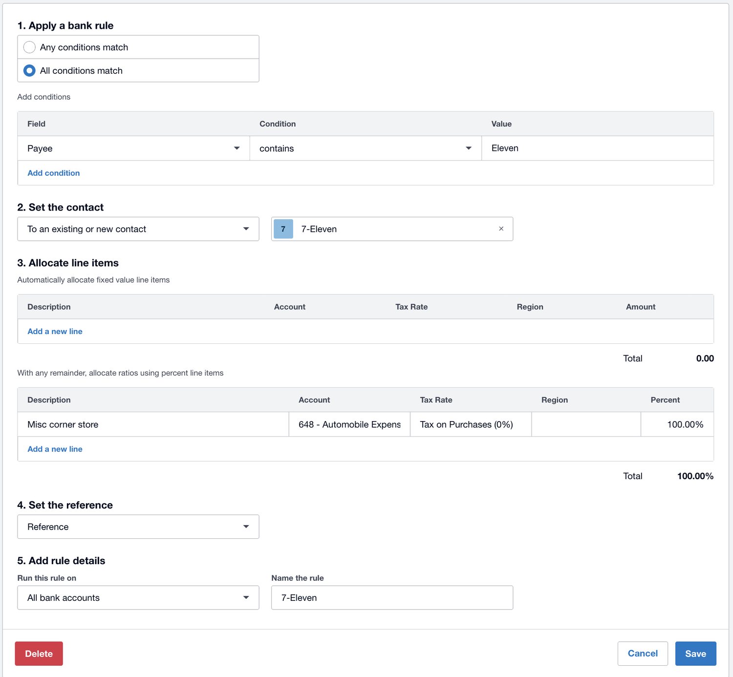 A bank rule being set up in Xero, with a condition matching the payee, a contact to assign, a line allocating the full amount to an expense account with a tax rate and a tracking column, and settings for which bank accounts the rule runs on.