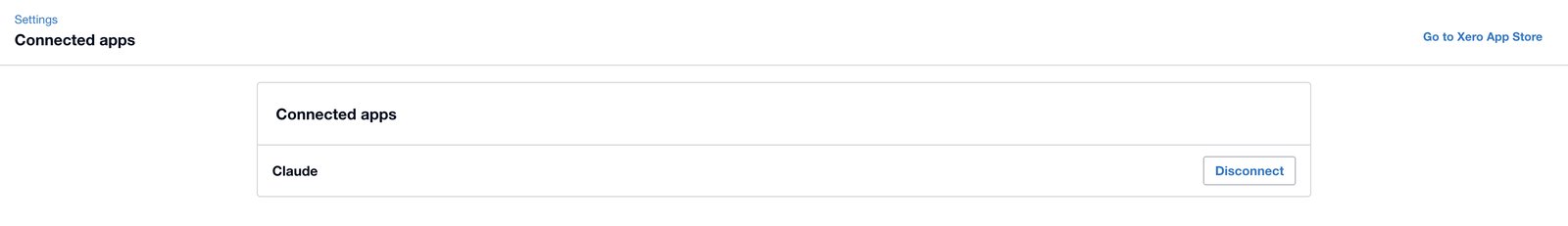 The connected apps screen in Xero settings, listing one connected application with a disconnect control beside it.