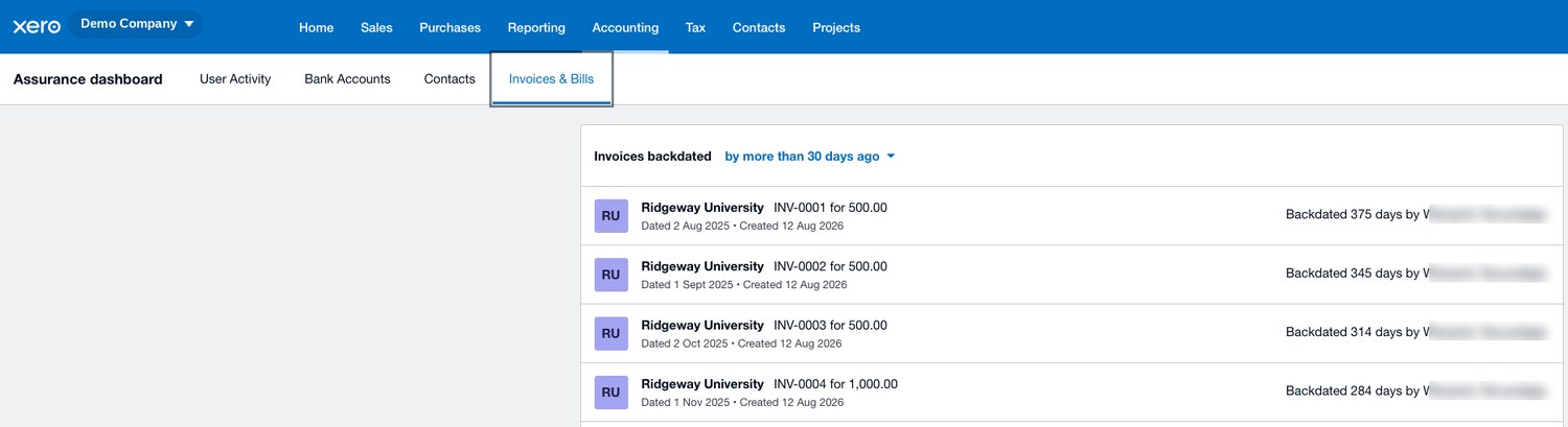 Xero's assurance dashboard on the Invoices and Bills tab, filtered to invoices backdated by more than 30 days, each row showing the invoice date, the date it was created, and how many days it was backdated.