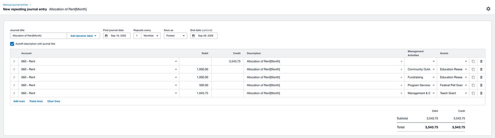 A new repeating journal entry in Xero titled Allocation of Rent with a Month placeholder, set to repeat monthly from September 2026 to September 2028, posting automatically, with the placeholder carried into every description line.