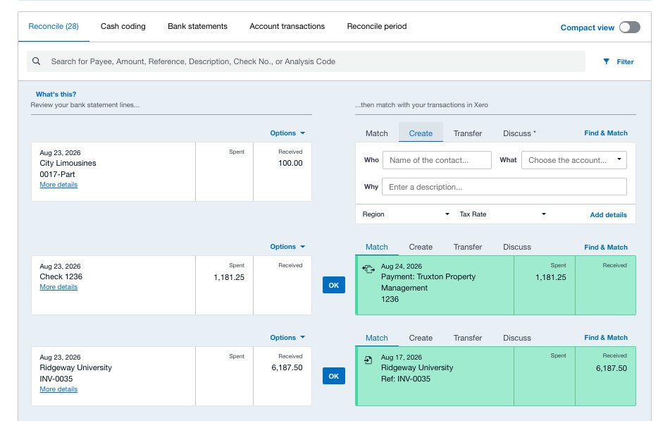 Xero's reconcile screen with bank statement lines on the left and suggested matches on the right.