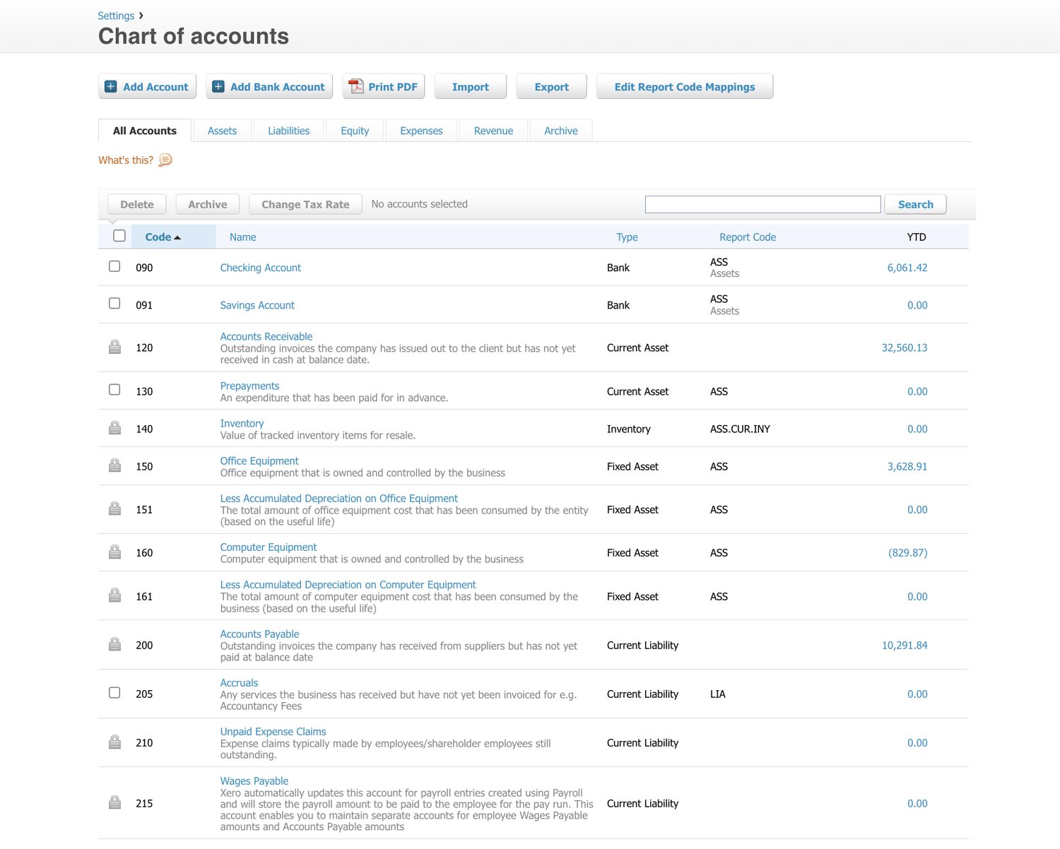Xero's chart of accounts, listing account codes, names, types and report codes for bank, current asset, fixed asset and current liability accounts.