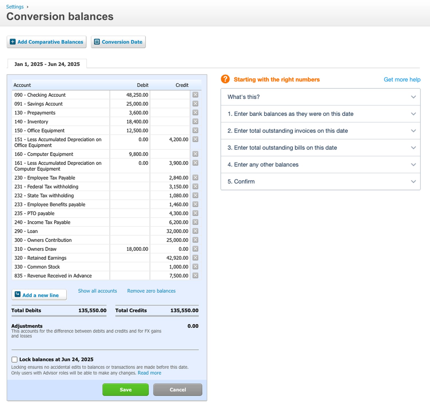 Xero's conversion balances screen with an opening trial balance entered: cash, prepayments, inventory and equipment in the debit column, accumulated depreciation, payroll liabilities, a loan, equity and deferred revenue in the credit column, total debits equal to total credits, and the adjustments line showing zero.