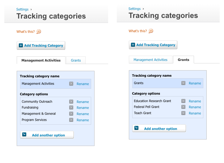 Xero's tracking categories screen shown with each of its two tabs selected. The first category holds four options and the second holds three, and there are no further tabs.