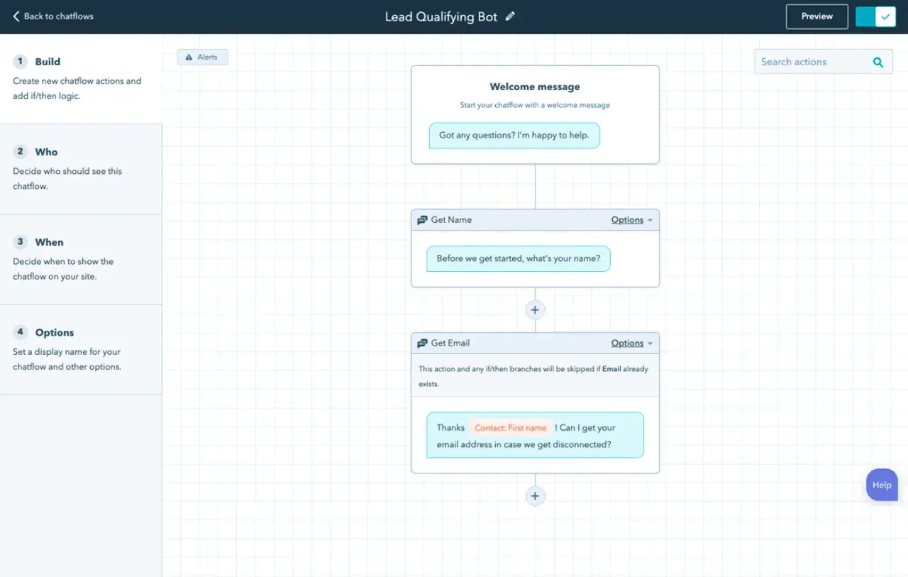 CRM Platform Chat Flows in Hubspot