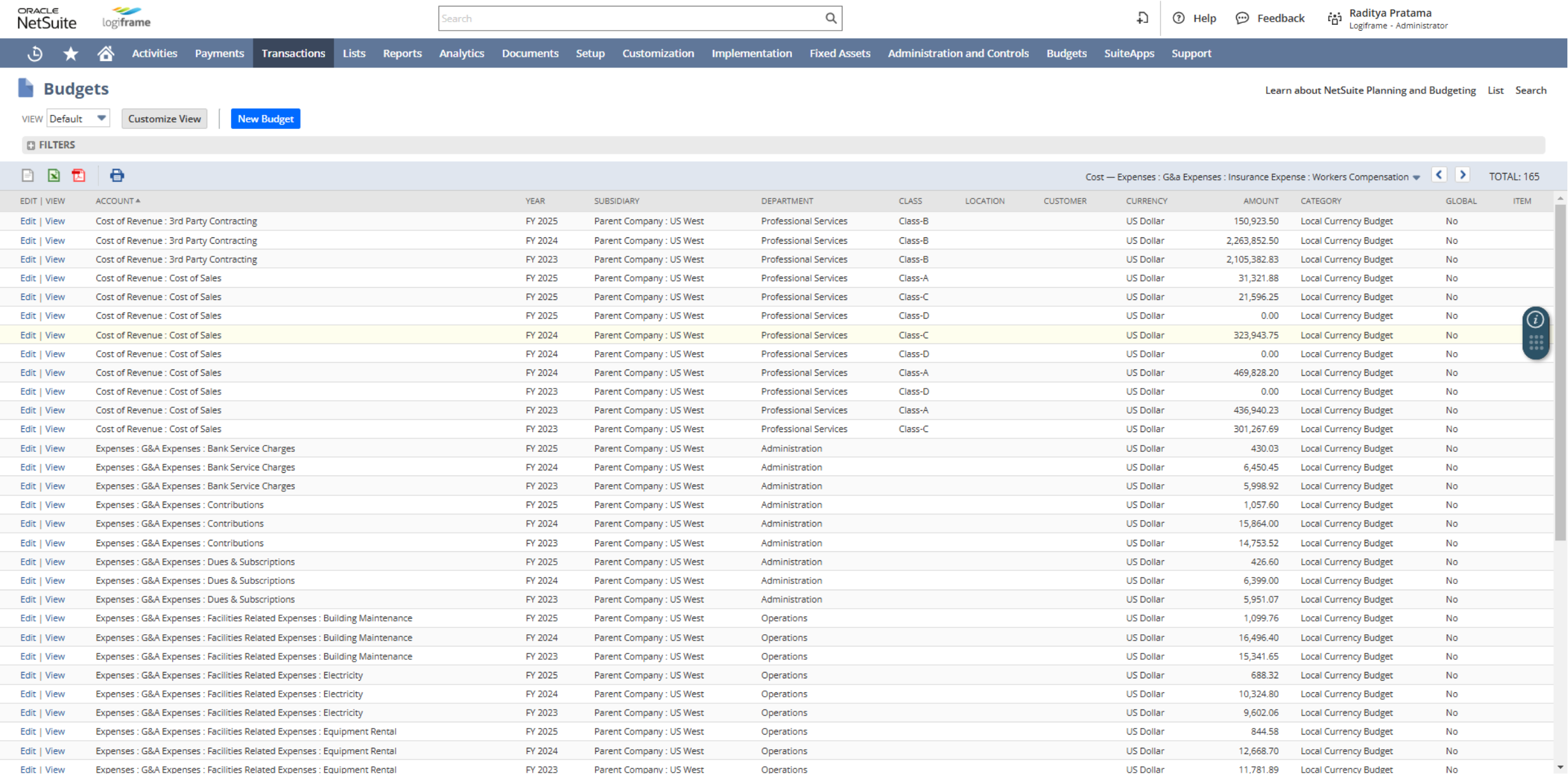 Centralized Group Financial Budget in NetSuite