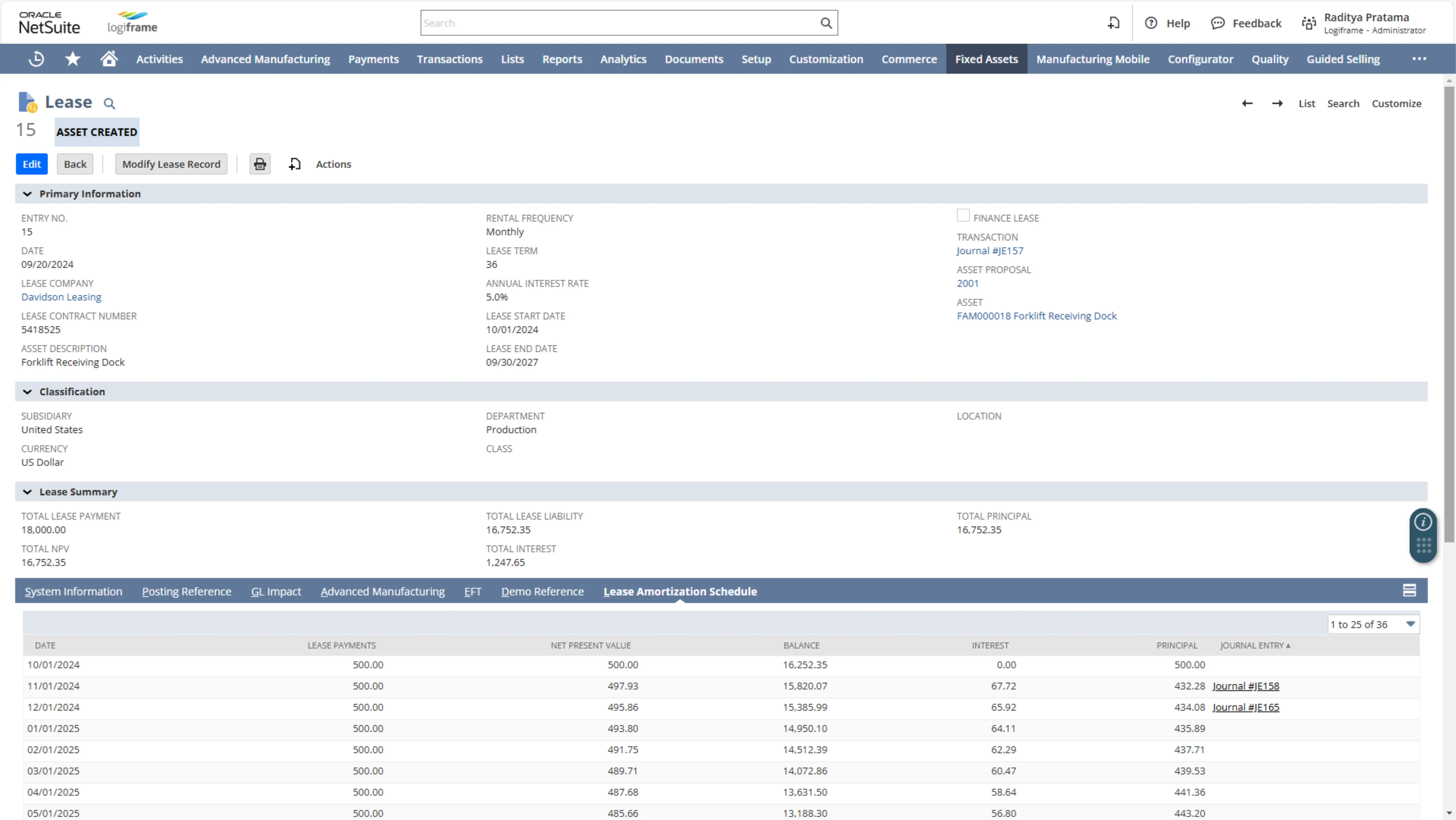 Fixed Assets Management - Lease in NetSuite