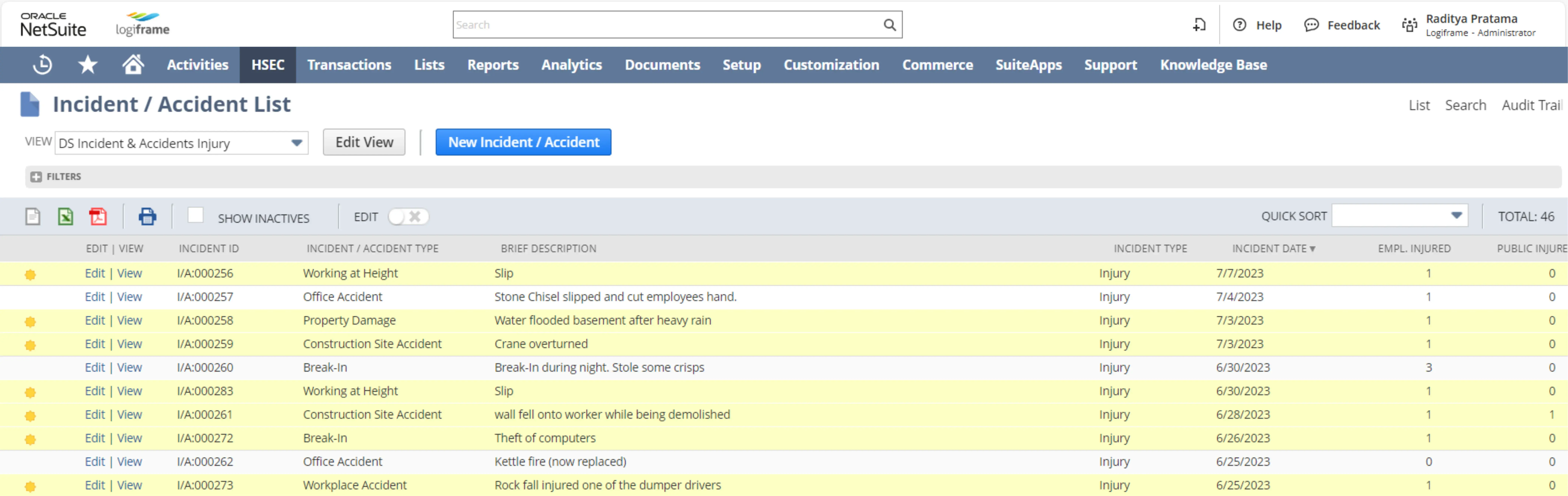 Incident List NetSuite