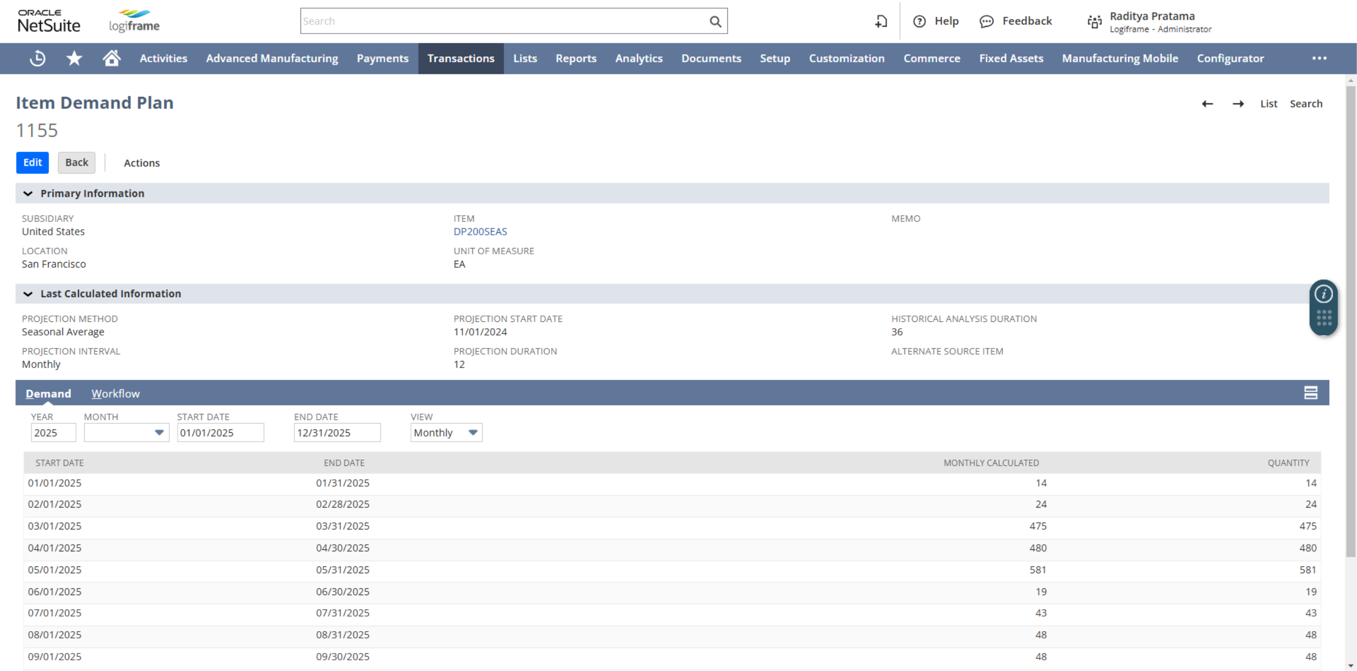 Inventory Warehouse - Demand Plan in NetSuite