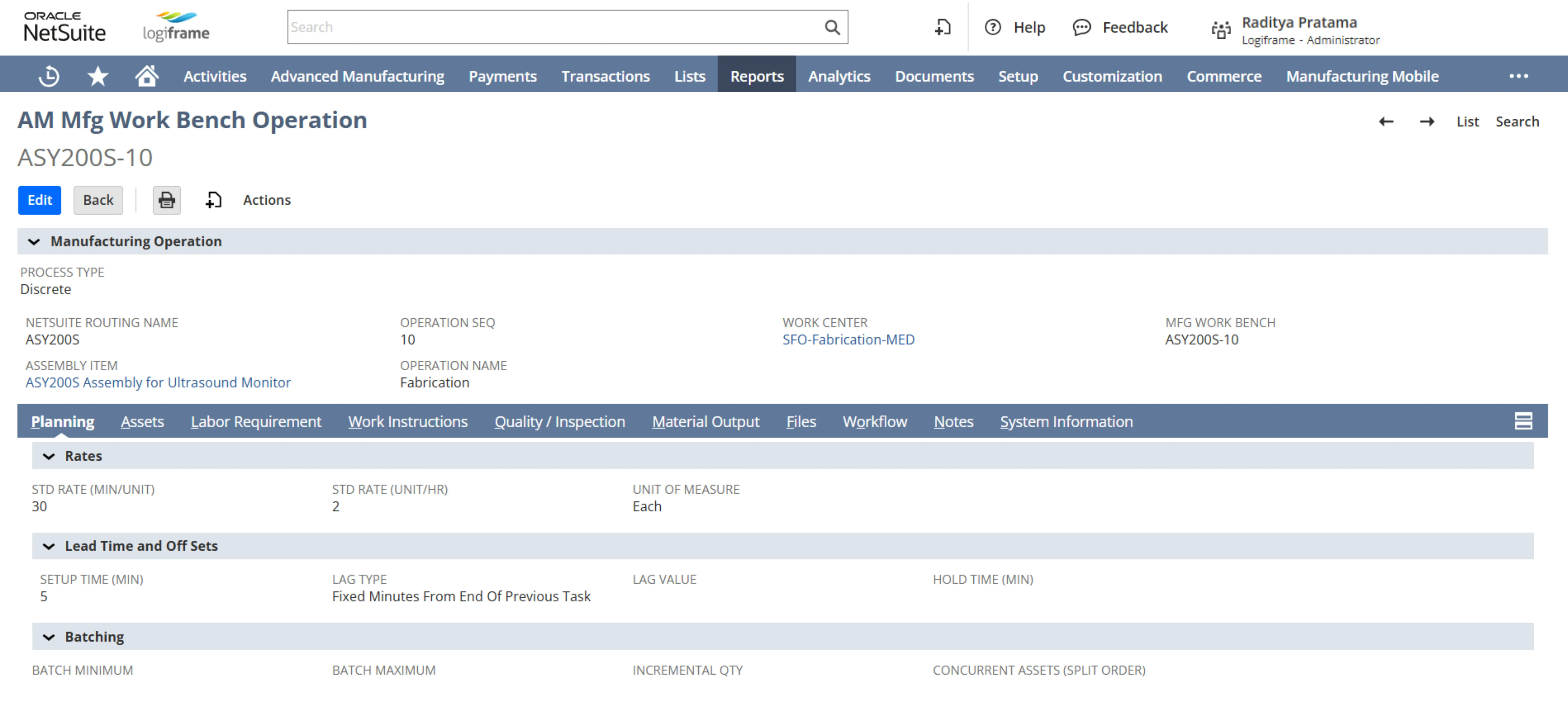 Manufacturing - Work Bench Operation NetSuite