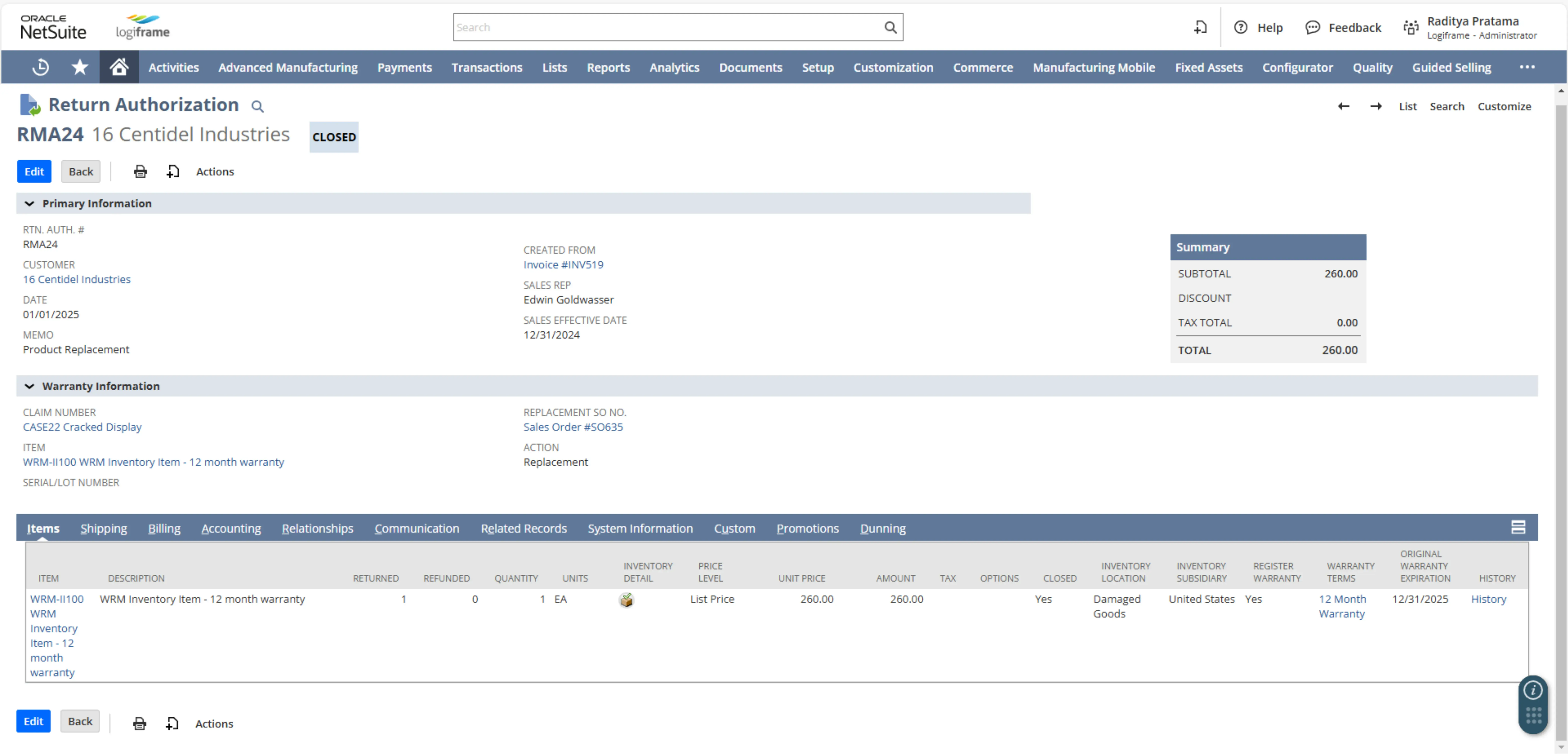 Retail - Return Authorization NetSuite